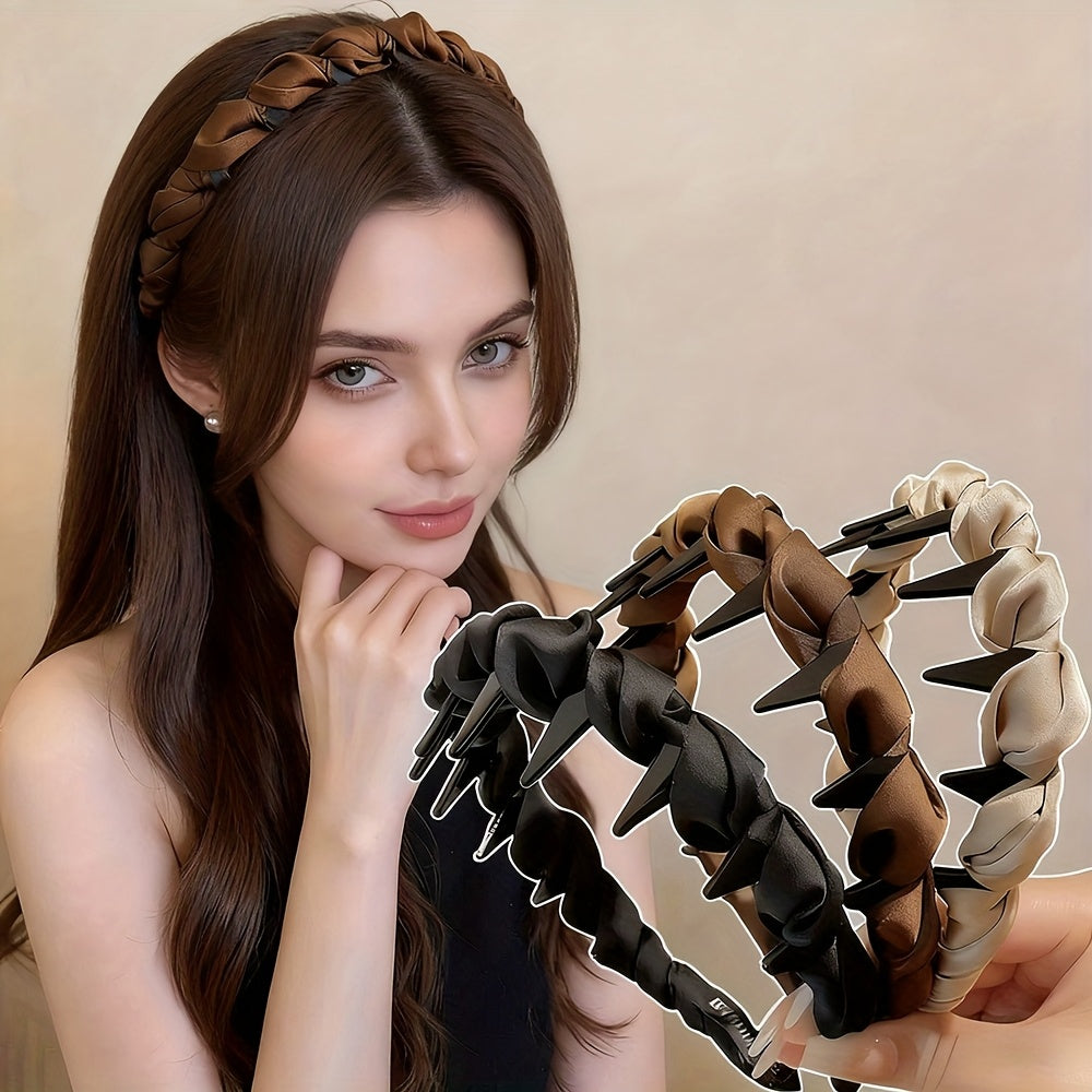 [Women's Satin Headbands] 3pcs Autumn/Winter Women's Vintage Elegant Satin Fabric Tooth-Grip Non-Slip Headbands - Brown Series Fabric Headbands, Flyaway Hair Organizer, Face Washing Headband, Suitable for Daily Casual Wear
